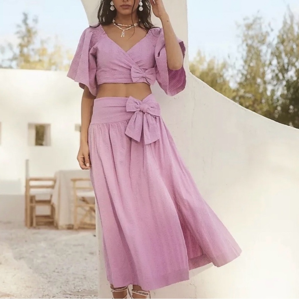 Free People In A Bow Lavender Eyelet Maxi Skirt with Waist Bow Size Medium